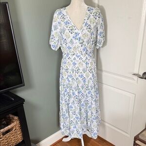 LOFT Blue Floral Midi Dress XL Cotton Rayon Cottagecore Spring